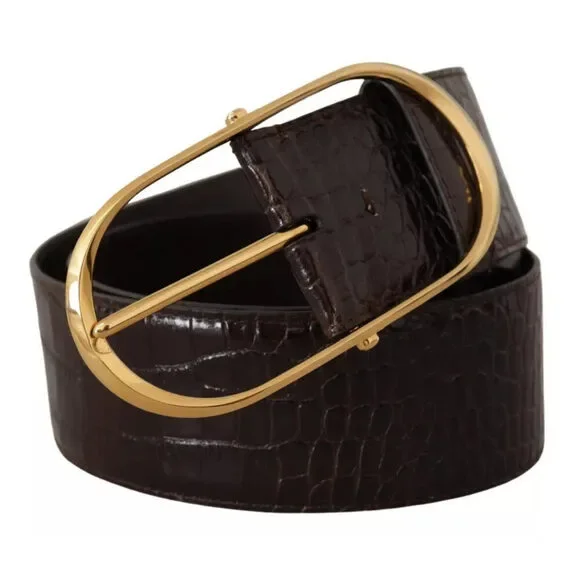 Dolce & Gabbana Brown Crocodile Pattern Leather Gold Oval Buckle Belt - Picture 3 of 7
